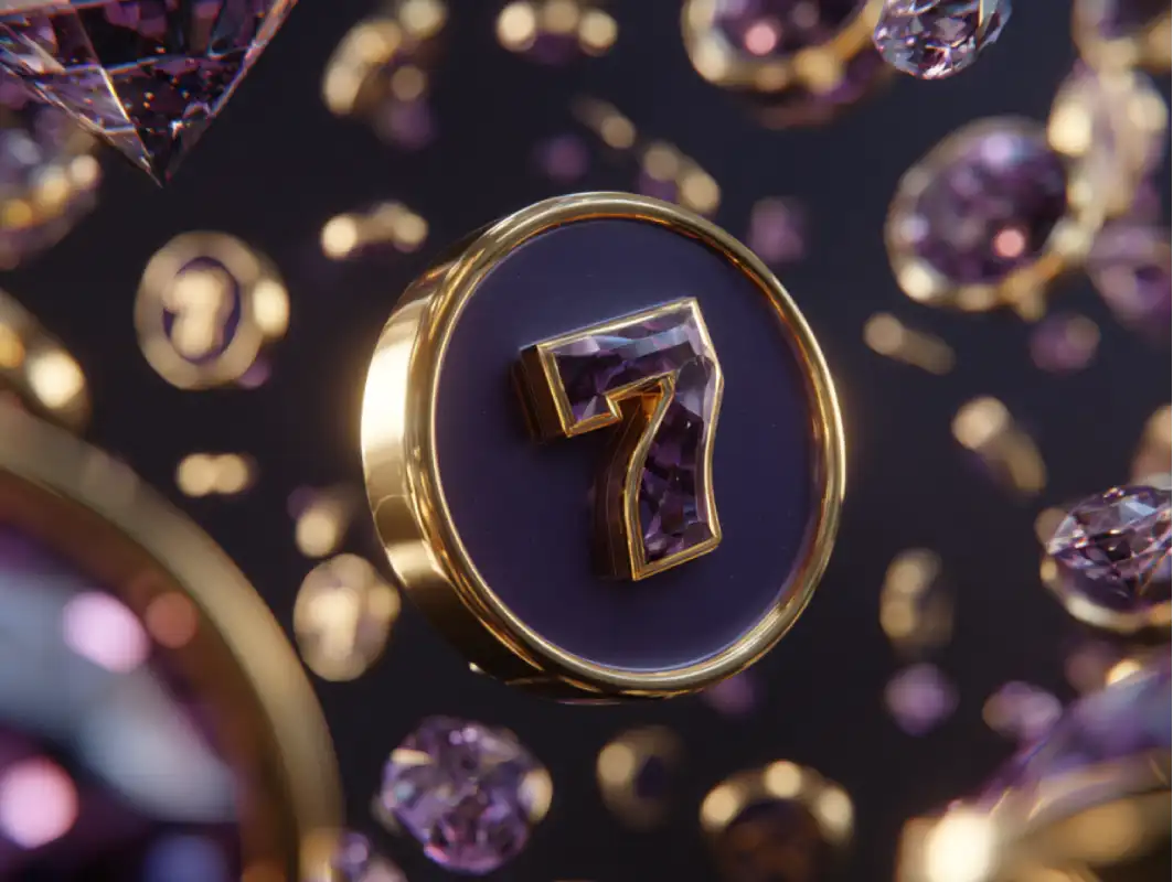 3D render of a lucky slot number seven token surrounded by floating diamonds and gold coins.